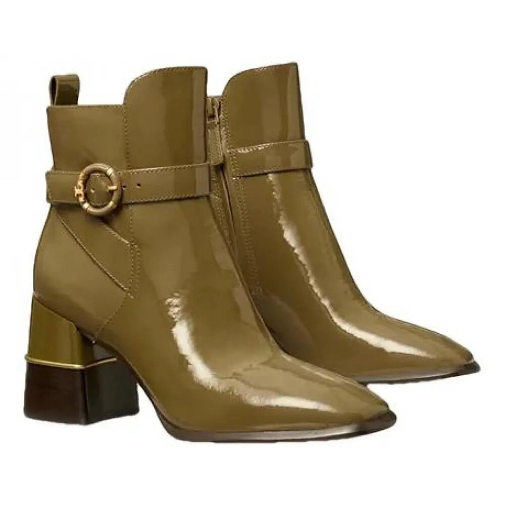 Tory Burch‎ 8 2.5in block heel patent leather Moss Green bootie w/gold accents